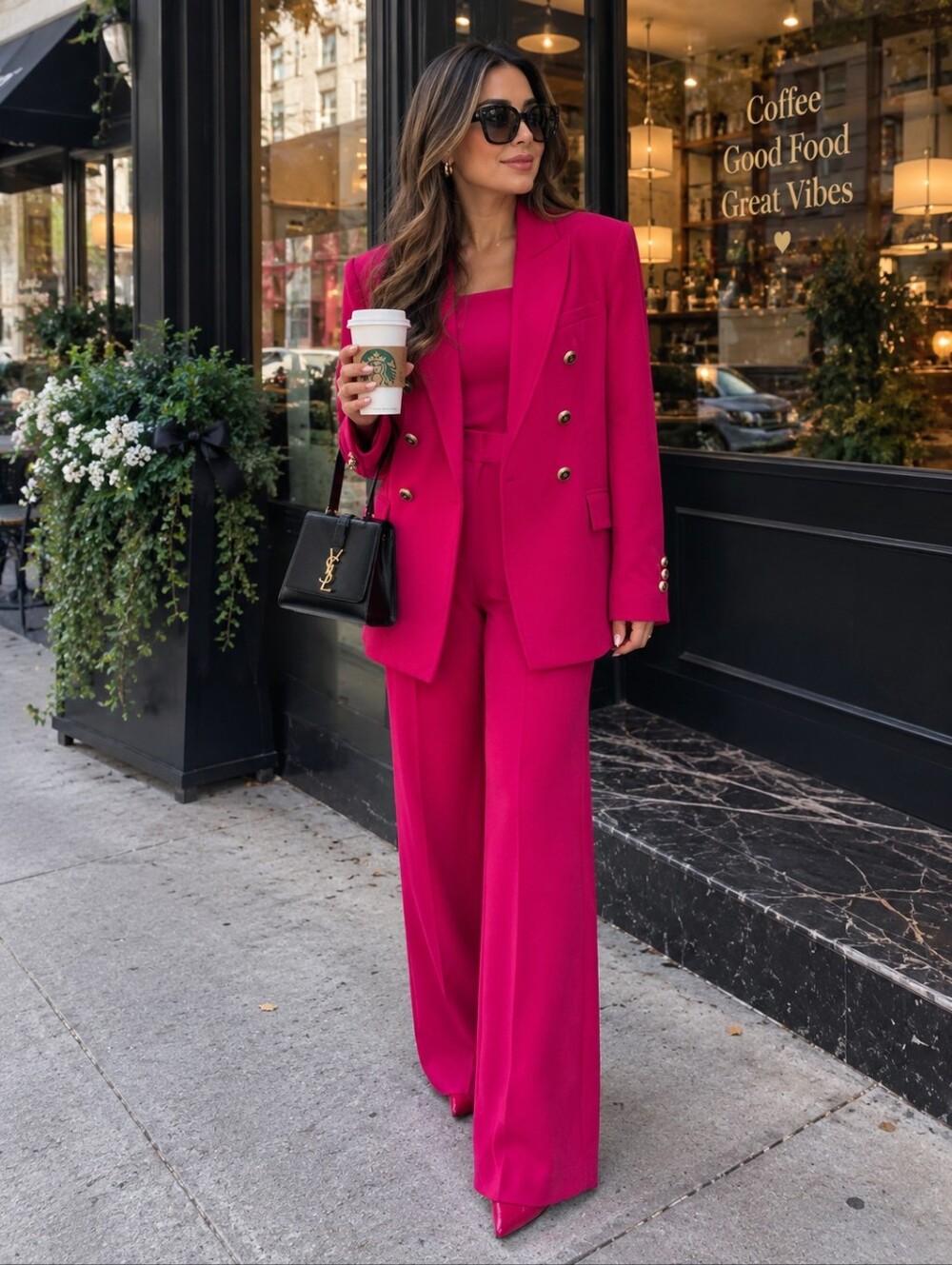 Zara Fuchsia Double-Breasted Blazer & Wide-Leg Pants Set